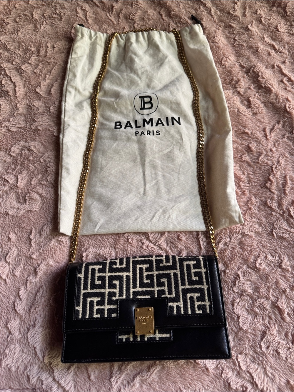 Balmain Black & Cream Monogram Crossbody with Gold Chain
